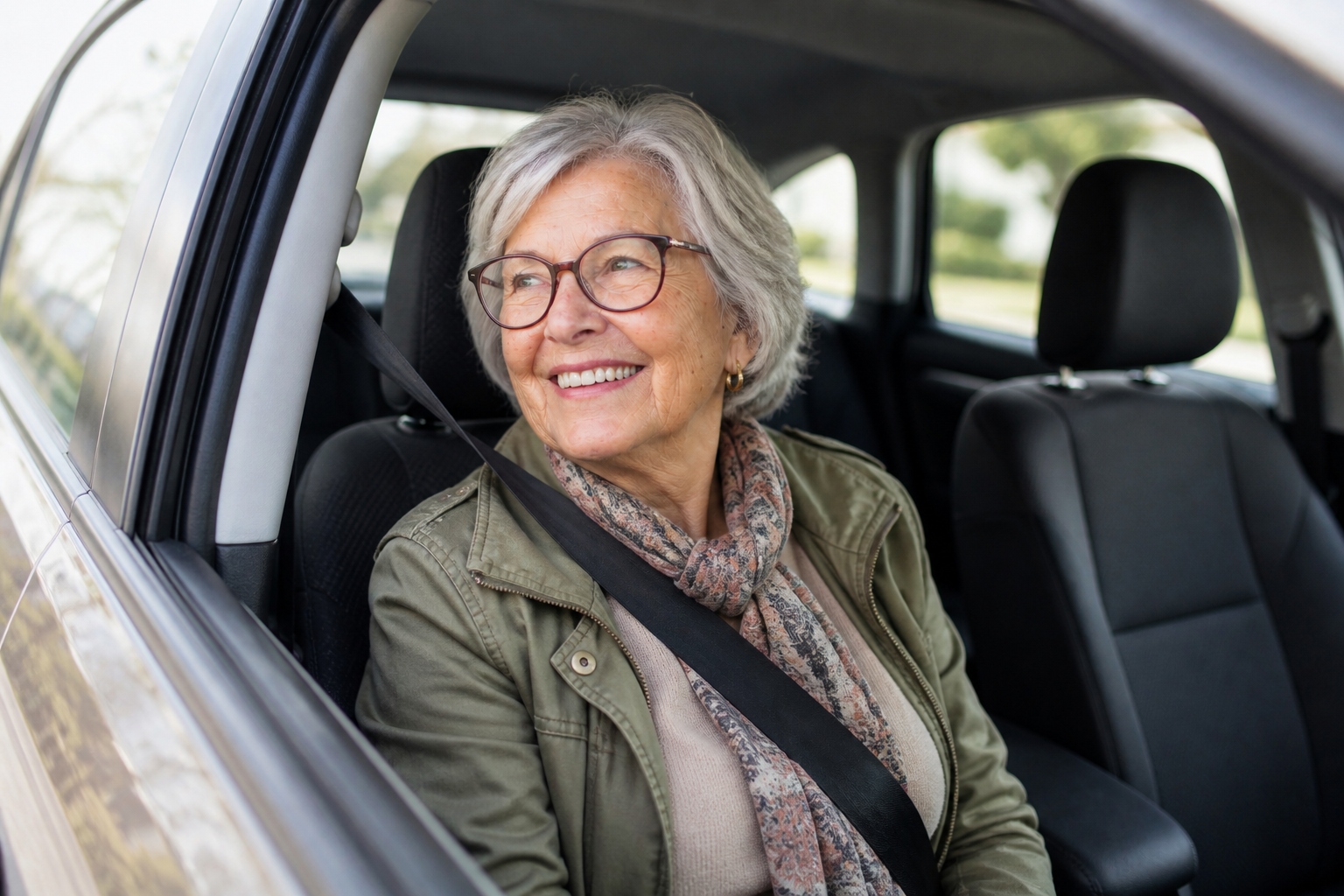 Senior woman smiling in car, ready for assessment