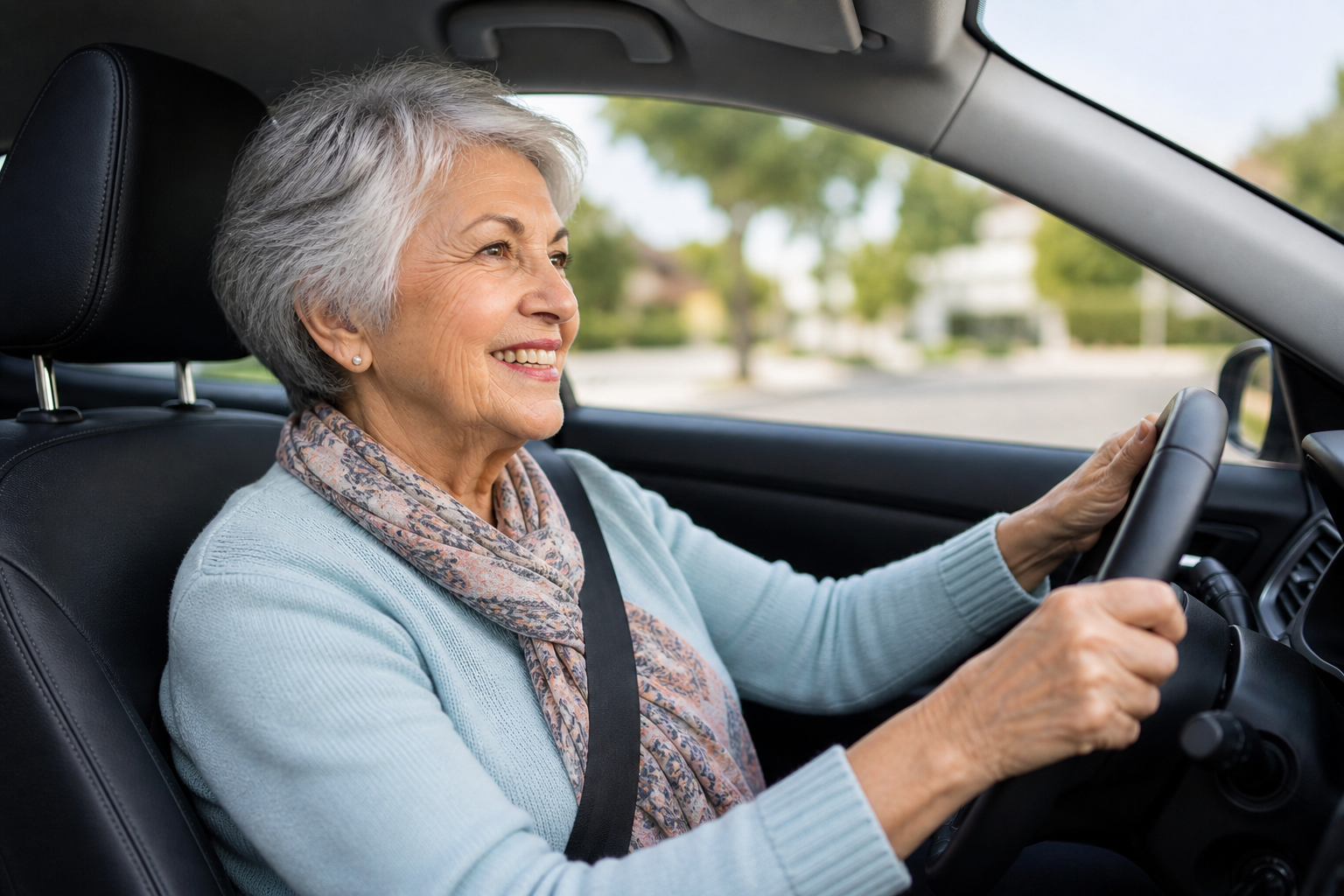 Senior woman confidently driving, hands on wheel
